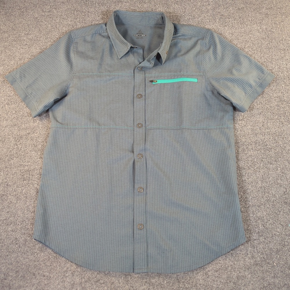 Prana Breathe Mens Pinstripe Short Sleeve Snap Button Hiking Shirt Gray Size M